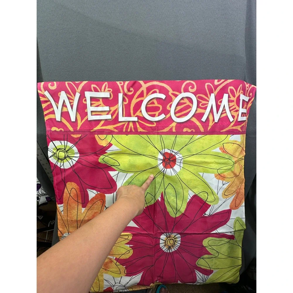 Evergreen Enterprises Floral‎ Welcome Garden Flag Large Pink Green Orange 28x40
